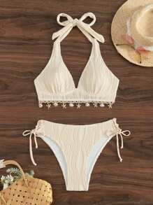 Swim Vcay 2 件套女士夏季度假海滩杏色花卉印花下摆贝壳装饰吊带上衣和 V 形三角比基尼泳装 - 杏色 - 查看 1