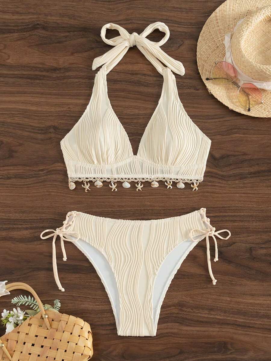 Swim Vcay 2 件套女士夏季度假海滩杏色花卉印花下摆贝壳装饰吊带上衣和 V 形三角比基尼泳装 - 杏色 - 查看 1