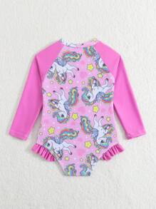 1pc Baby Girl Directional Print Frill Edge Unlined One-Piece Swimsuit - Multicolor - View 2