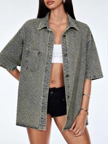 TRNVIE Women's Drop Shoulder Single-Breasted Pocket Loose Casual Denim Jacket - Blue - View 3