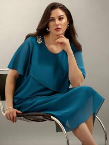 Flouryn Vestido de mujer talla grande elegante de gasa con cuello redondo, mangas con volantes, decoración de apliques florales y dobladillo multicapa - Agua verde azul - Ver 7