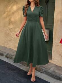 Selianne 女式泡泡袖收腰连衣裙 女式长款服装 - 墨綠色 - 查看 3