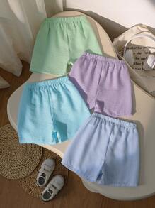 Set de 4 pantalones cortos de verano casuales y versátiles con textura de rayas para niños