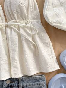 SHEIN PETITE CURVE 加大码纯色系带荷叶边下摆露背乡村音乐会 Y2k 上衣 - 杏色 - 查看 6