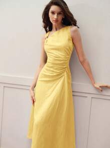 MOTF PREMIUM 亚麻不对称领口褶饰连衣裙