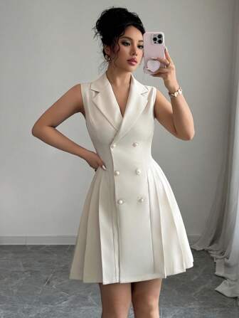 Rafferiza 女式无袖褶皱纯色双排扣优雅连衣裙