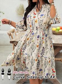 SHEIN CURVE+ 大码女式花卉印花V领宽松袖休闲连衣裙 - 彩色 - 查看 1