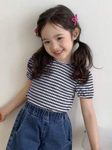 DAZY 年轻女孩夏季休闲简约蝴蝶结装饰波点印花短袖T恤 - 藏蓝色 - 查看 5