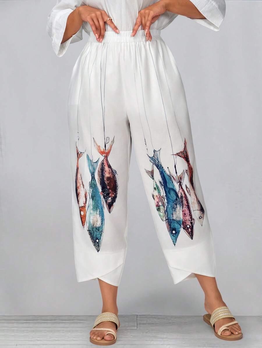 EMERY ROSE Plus Size Fish Print Cone Pants Vacation Summer,Boho - White - View 1