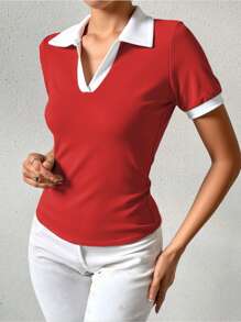 Chiquease Women's Summer Fashion Patchwork Contrast Trim T-Shirt - Red - View 3