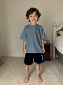 2pcs/Set Young Boy Bear Graphic Loose Short Sleeve Shorts Casual Pajamas, Sold Separately As Daddy And Me Matching Outfits - Multicolor - View 3