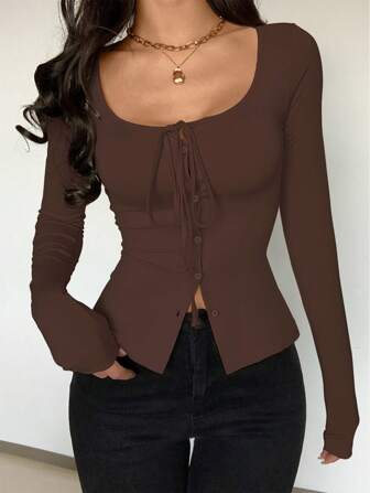 Glamine 弹性针织纯色圆领系带袖口装饰修身休闲女式 T 恤