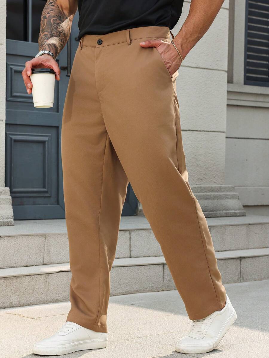 Manfinity Homme Plus Size Men's Solid Color Casual Suit Pants, Suitable For Summer - Coffee Brown - View 1