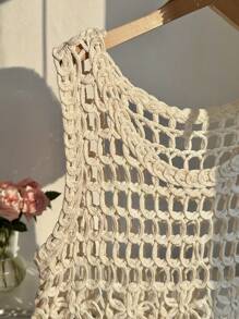 Comfortcana Apricot Color Hollow Knit Plus Size Sweater Vest - Apricot - View 4