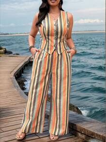 SHEIN LUNE Bộ quần áo sọc kẻ không tay cỡ lớn cho nữ và quần sọc màu lễ hội mùa hè Boho Old Money trang phục mùa hè cho phụ nữ trang phục nghỉ xuân Rave lễ hội trang phục nghỉ xuân quần áo mùa hè cho phụ nữ quà tặng Ngày của Mẹ Boho/Bohemia/Boho Quần áo nữ - Nhiều màu - Xem 10