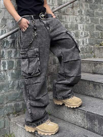 PAVTROS Manfinity Streetrush Plus Size Men's Plain Pocket Street-Style Relaxed Fit Cargo Jeans Going Out Urban Hang Out Vacation Street