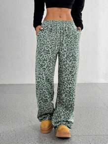 SHEIN PETITE Quần ống đứng rộng rãi họa tiết da báo cho nữ, quần dài thường ngày cao cấp giúp thon gọn - Màu xanh nhạt - Xem 3