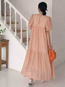 DAZY Women's Solid Color Chiffon Round Neck Lantern Short Sleeve Loose Pink Long Dress, Summer,Casual Women Dresses