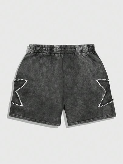 Prep Pantalones cortos informales para hombre con cintura con cordón y adornos de perlas falsas