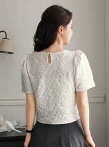 Wynsel 女士优雅婚礼宾客服装纹理圆领短袖串珠T恤，夏季 - 米色 - 查看 2