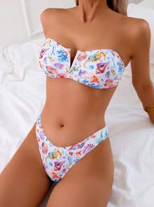 Swim Mod 2pcs Women's Summer Swimwear Set: Random Printed & Ribbed Texture Camisole Top And Bikini Bottom, Bohemian Style - Multicolor - View 2