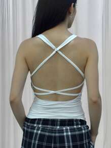 Canotta minimalista da donna per l'estate, con collo quadrato, aderente, con incrocio sulla schiena, di colore unico