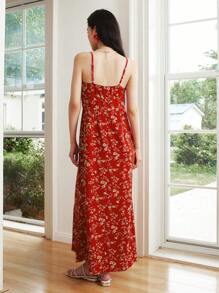 SHEIN LUNE 2025 Women's Elegant Red Ditsy Floral Spaghetti Strap Dress, Summer New Arrival - Multicolor - View 2