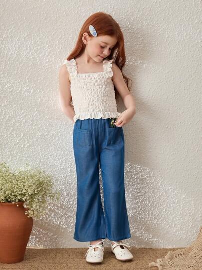 Blossori Young Girls Floral Print Ruffle Trim Camisole And Flare Leg Pants 2-Piece Set