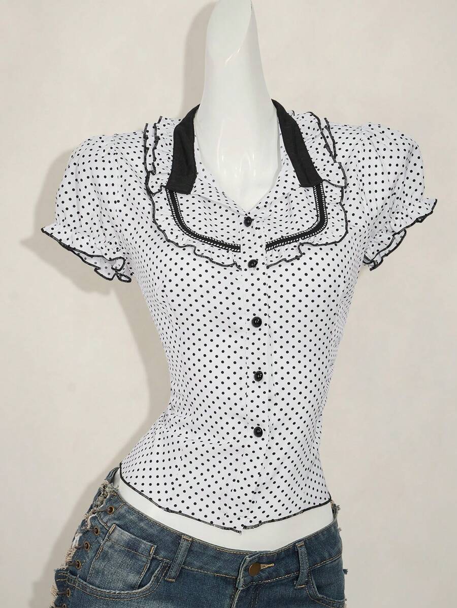 SHEIN ICON 复古甜美撞色蕾丝花边波尔卡圆点印花衬衫，百搭新风格