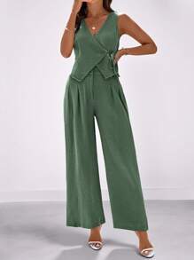 SHEIN Clasi 女式 V 领交叉不对称系带无袖背心和褶皱阔腿长裤，适合日常/度假/通勤、春/夏季的优雅装扮 - 綠色 - 查看 3