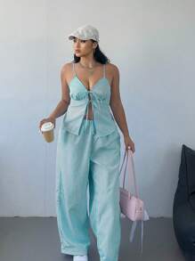 Flirla Plus Size Sexy Striped V-Neck Camisole And Drawstring Waist Wide Leg Pants Set - Baby Blue - View 1