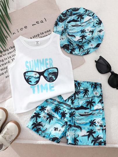 SHEIN Playful Pals 男婴三件套夏季套装，白色时尚字母印花上衣，椰树印花沙滩短裤，配套帽子，适合海滩度假、日常休闲穿着和户外活动。夏季婴儿套装，幼儿夏季服装，男婴夏季套装，男童夏季套装。