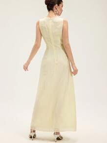 Aveloria Rosie French Romantic Elegant Handmade 3D Sunflower Decor Sleeveless Round Neck Cinched Waist Slim Fit Casual Vacation Dress For Women All Over Print  For Summer Spring Fall Autumn