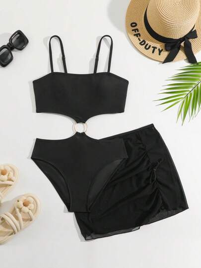 SHEIN Tween Girl Beach Vacation Solid Color Hollow Out One-Piece Swimsuit With Cover Up Skirt Swim Suits For Women Swimming Suits For Woman Summer Bathing Suits 1pc For Teens Swim Suits For Teen Girl One Piece Bathing Suits For Teens Cheap Summer Holiday