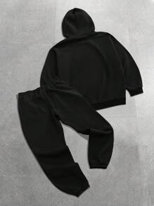 Manfinity Homme Men's Black Flannelette Hoodie Co-Ord Set: Casual Long Sleeve Hooded Top And Regular Length Joggers With Pockets