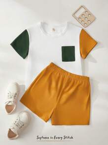 Cozy Pixies Set de 2 piezas para bebé niño con parte superior de cuello redondo de punto suave de color contrastante y shorts de cintura elástica