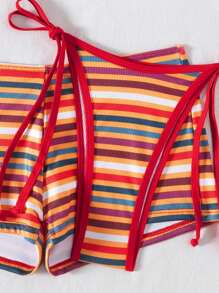 Bonvoyette 3-Piece Rainbow Striped Textured Trim Contrast Color Sexy Fashion Bikini Set, For Summer Vacation