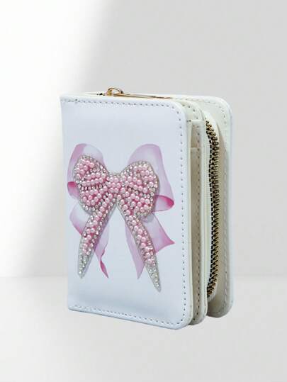 Kawaii حامل بطاقات مزود بسوستة ومخمل ذو وظائف متعددة بنمط فتاة لطيف مزين بخرزات ولوحة وشريطة عقدة الفراشة ، باللون الوردي