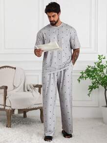 DAZY Conjunto de camiseta y ropa de estar en casa con estampado geométrico de unicolor para hombre, pijama de primavera/verano - Multicolor - Ver 4