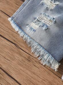 SHEIN Set de 2 piezas de camiseta sin mangas con volantes y shorts vaqueros, conjunto informal de verano para niñas jóvenes para el 4 de julio