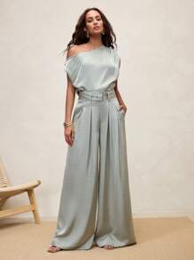 Arave 女士优雅百褶阔腿裤，适合通勤 - 綠色 - 查看 2