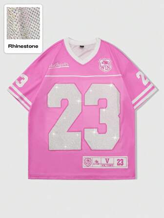 Prep Camiseta deportiva de manga corta con malla holgada, estilo hip-hop, baloncesto, decoración de diamantes de imitación, diseño de color retro con corte holgado para verano, ideal para parejas y amigos en uso casual