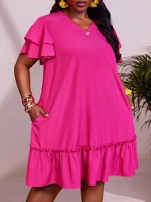 SHEIN CURVE+ Plus Size V-Neck A-Line Knee-Length Ruffle Sleeve Romantic Hem Metallic Button Commute Spring/Summer Lightweight Vacation Dress, Burgundy, Curve Plus, Boho Vacation, Flowy Dress, Sun Dresses For Womenbeach Outfits For Woman/Beach Dress/Beach Vacation Outfits/Beach Essentials / Graduation/Tea Party Dress - Hot Pink - View 3