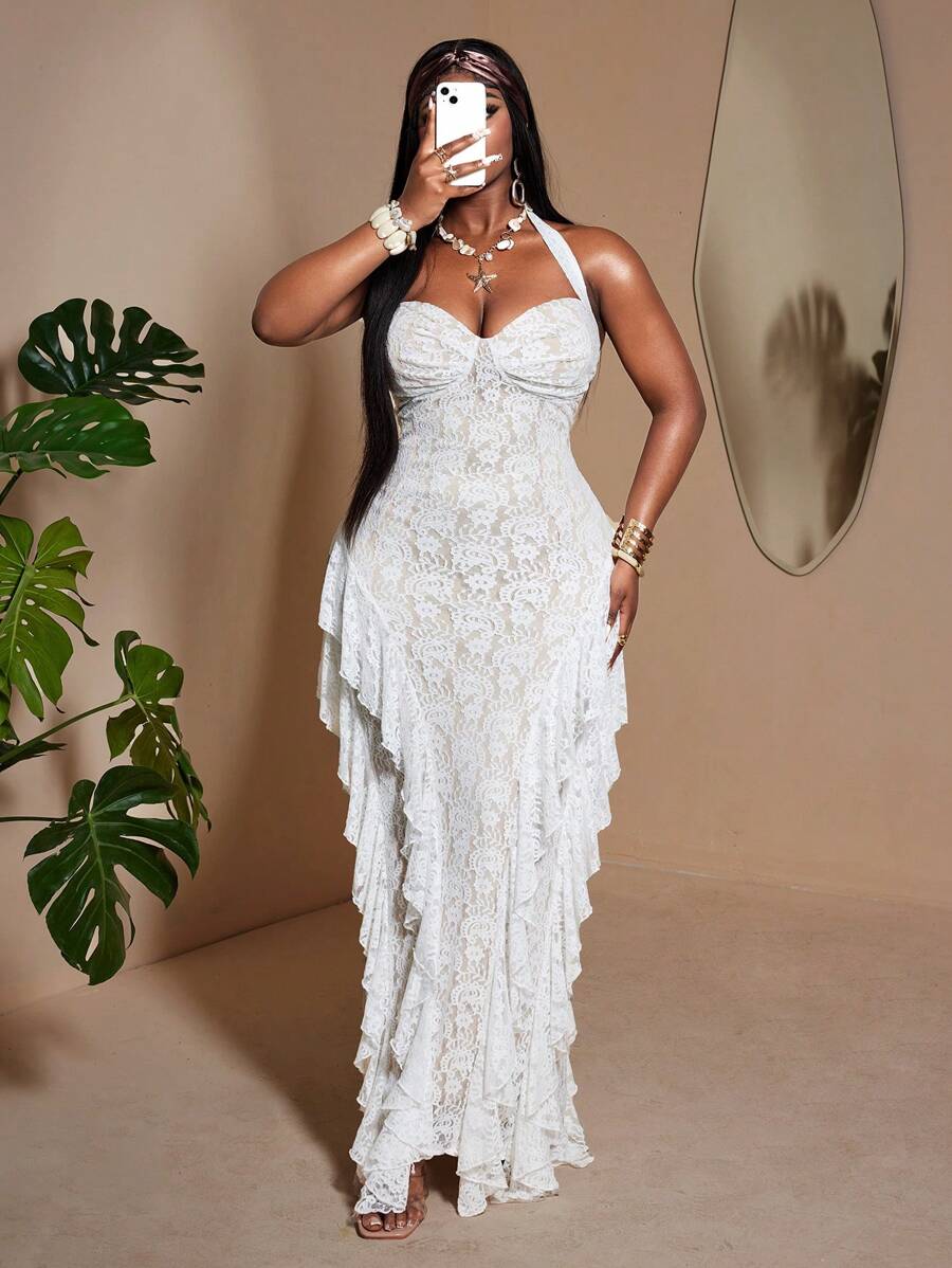 Maweii Women Lace Sexy Halter Ruffled Long Dresses Fashion Strapless Hight Waist Night Club Party Dress Elegant Lace Vintage Sleeveless Hollow Mesh Patchwork Maxi Dress - White - View 1