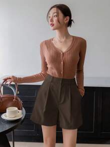 DAZY Pantalones cortos de mujer de cintura alta, rectos, con bolsillos y fruncidos, ropa de otoño
