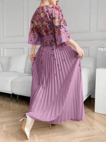 Modelyn 女士花卉印花腰带连衣裙，褶饰细节，优雅