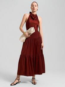 Ontre 2025 New Elegant Sleeveless Ruffle Neck A-Line Dress,Brown Burgundy,Taffeta Crease-Resistant,Summer Dining Holidays Graduation Everyday Wear Women - Brown - View 5