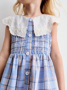 SHEIN Young Girl Cute Peter Pan Collar Plaid Front Button Sleeveless Dress, Summer - Multicolor - View 5