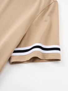 Manfinity Homme Plus Size Men's Summer Casual Contrast Stripe T-Shirt And Shorts Set - Khaki - View 4