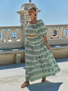 Maija 2pcs Plus Size Geometric Print Lantern Sleeve Shirt & Skirt Set, Vacation Casual Summer Women Vacation Beach Business Casual Woman Going Out Tops Boho Office Outfits Festival Outfits For Rave Hawaii - Multicolor - View 7